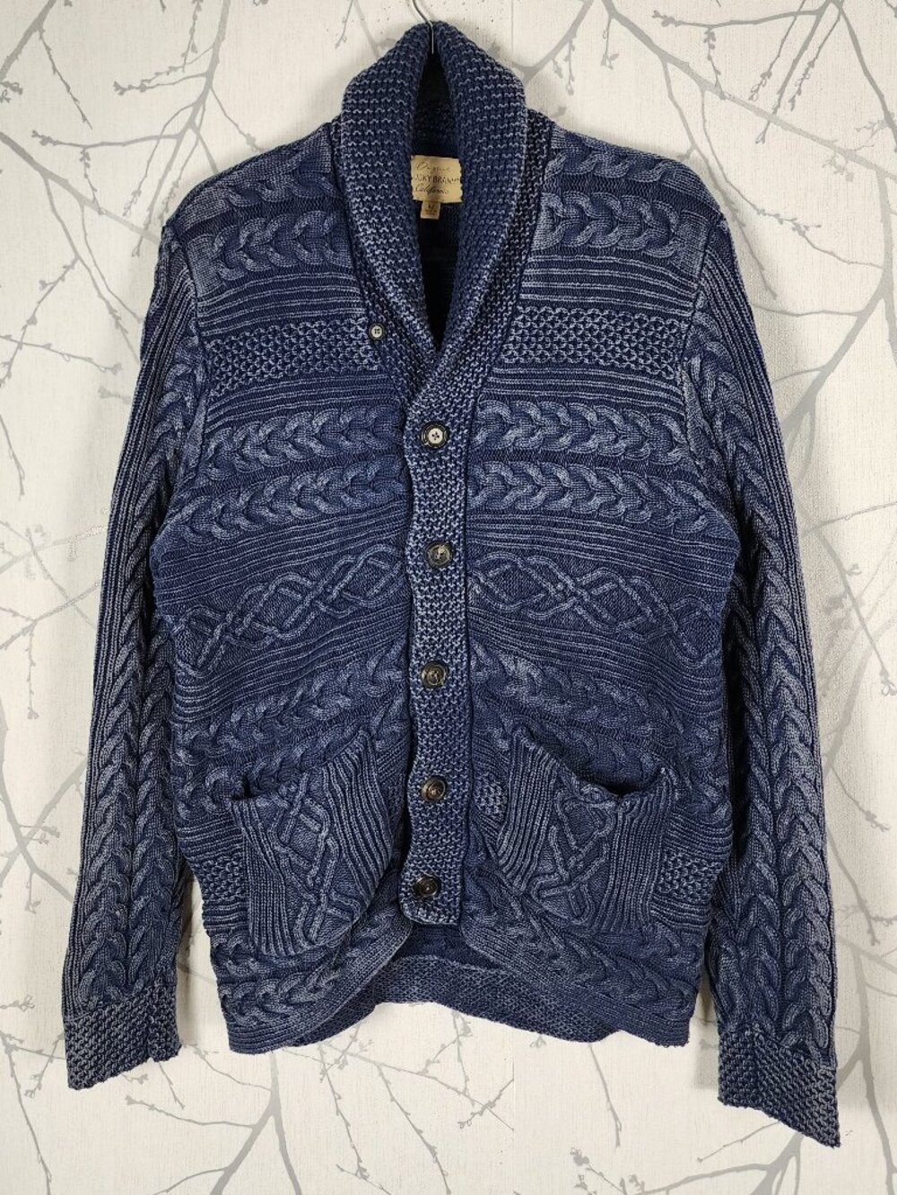 Lucky Brand Blue Wash Cotton Cable Knit Shawl Collar Cardigan
